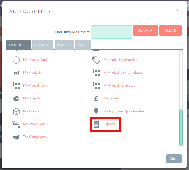 Add Reports Dashlet 157Reports dashlet